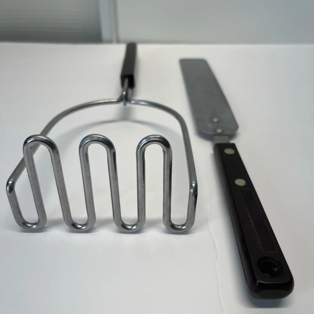 Vintage Ekco Potato & Spatula Stainless Steel Riveted Faux Wood Handle USA